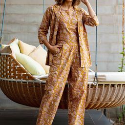 KALINI Floral Printed Round Neck Pure Cotton Top With Jacket & Trousers-image-84