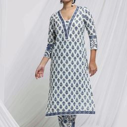 Anouk White Ethnic Motifs Printed Regular Kantha Work Pure Cotton Kurta With Trousers-image-2