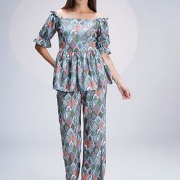 WESTHOOD Printed Off-Shoulder Bishop Sleeves Top & Trouser-image-62