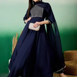 Sangria Sequinned Yoke Design Round Neck Anarkali Kurta With Trouser & Dupatta image 1