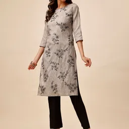 Inddus Grey & Black Floral Embroidered Thread Work Kurta with Trousers-picture-20