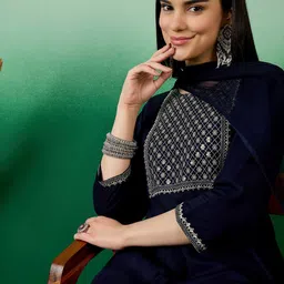 Sangria Sequinned Yoke Design Round Neck Anarkali Kurta With Trouser & Dupatta image 2