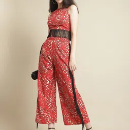 BLANC9 Animal Printed Fringe-Detailed Crop Top & Trousers-22