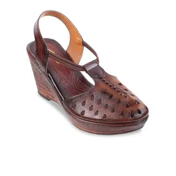 Metro Textured Round ToeLaser Cuts Leather Wedge Heeled Pumps-36