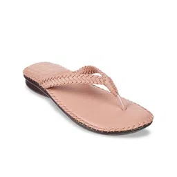 WALKWAY by Metro Women Peach-Coloured Textured T-Strap Flats with Laser Cuts-11