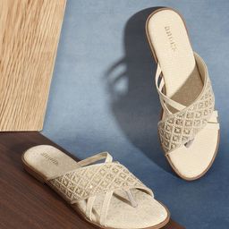 Anouk Cream-Coloured Textured Open Toe Flats-image-6