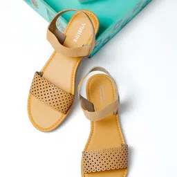 Vishudh Women Yellow Textured Open Toe Flats with Laser Cuts-14