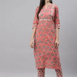 Indibelle Women Peach-Coloured Floral Printed Empire Pure Cotton Kurti with Trousers-picture-48