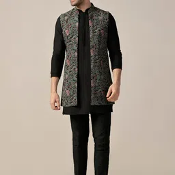 KISAH Men Mandarin Collar Straight Kurta with Churidar & Printed Nehru jacket-99