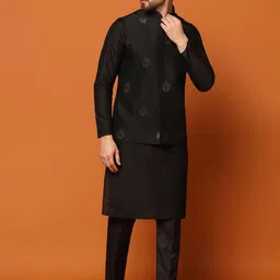 KISAH Mandarin Collar Regular Kurta with Trousers & Woven Design Nehru Jacket-62