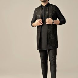 KISAH Embroidered Mandarin Collar Long Sleeves Sequinned Kurta Jacket with Trousers-image-59