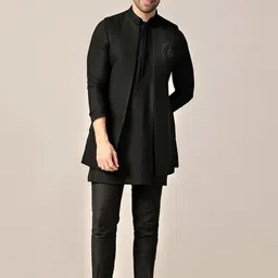 KISAH Mandarin Collar Long Sleeves Straight Kurta with Trousers & Nehru jacket-image-50