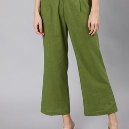 Jaipur Kurti Women Olive Green Flared High-Rise Pleated Trousers-image-92