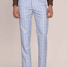 TAHVO Men Blue Checked Tailored Trousers-image-29