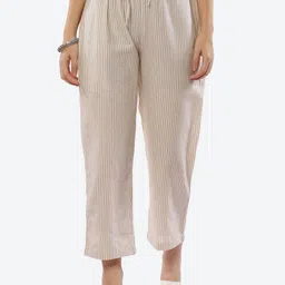 Biba Women Brown Striped Smart Slim Fit High-Rise Cotton Trousers-image-86
