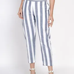 FABNEST Women Blue Striped Relaxed Straight Leg Cotton Trousers-image-15