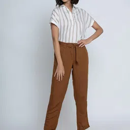 B.Copenhagen Women Tan Brown Regular Fit Solid Peg Trousers-image-92