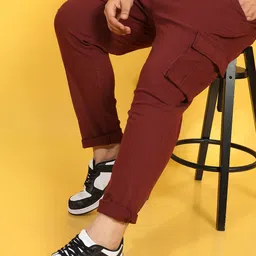 Instafab Plus Men Maroon Relaxed Easy Wash Cargos Trousers-picture-19