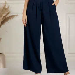 Marie Claire Women Navy Blue High-Rise Plain Pleated Parallel Trousers-image-83