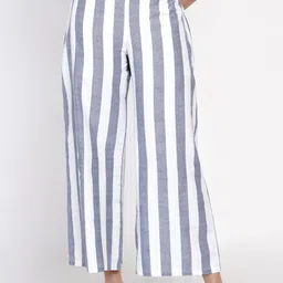 FABNEST Women Blue Striped Relaxed Straight Leg Cotton Trousers-image-3