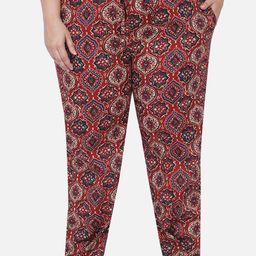 Fabnest Curve Women Plus Size Red Ethnic Motifs Printed Relaxed Trousers-10