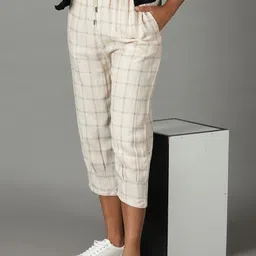 SHOWOFF Women Checked High-Rise Relaxed Straight Fit Linen Regular Trousers-image-59