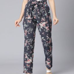 Oxolloxo Women Navy Blue Floral Printed Trousers-image-50