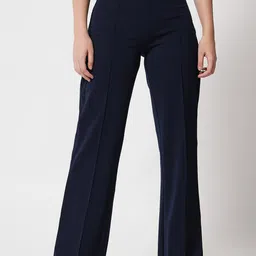 Kotty Women Navy Blue Relaxed Straight Fit High-Rise Easy Wash Trousers-picture-28