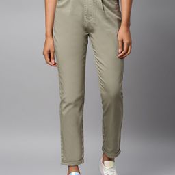 Code 61 Women Khaki Slim Fit High-Rise Pleated Peg Trousers-image-8