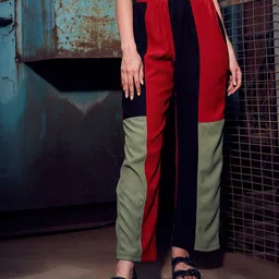 KASSUALLY Women Red & Black Colourblocked Parallel Trousers-image-93