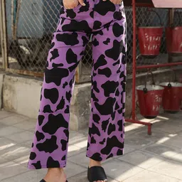 STREET 9 Women Lavender Printed Relaxed Loose Fit High-Rise Cotton Trousers-image-95