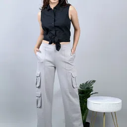 Mlada Women Original Flared Low-Rise Lint Free Cargos Trousers-image-9