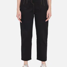 Orchid Blues Women Black Tapered Fit High-Rise Pure Cotton Trousers-image-71