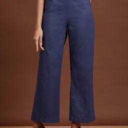 Freehand by The Indian Garage Co Women Cotton Flared Flat-Front Plain High-Rise Trousers-image-58