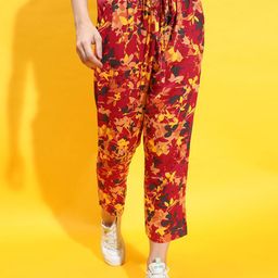 Oxolloxo Women Floral Printed Smart Tapered Fit Easy Wash Trousers-image-79