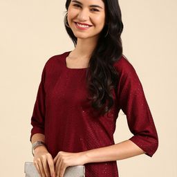 SHOWOFF Women Burgundy Embroidered Kurta With Trousers-image-22