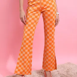 Tokyo Talkies Women Orange Checked Flared Jacquard Trousers-image-33