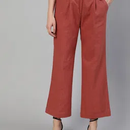 Jaipur Kurti Women Red Flared Solid High-Rise Pleated Cotton Parallel Trousers-picture-5