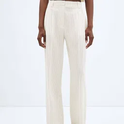 MANGO Women Linen Blend Micro Striped High-Rise Pleated Trousers-image-51