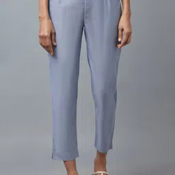 W Women Blue Solid Slim Fit Solid Pure Cotton Trousers-image-81