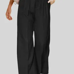 LULU & SKY Women Solid Mid-Raise Loose Fit Pleated Parallel Trousers-picture-36