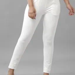 De Moza Women Off White Pencil Slim Fit Pleated Cigarette Trousers-image-16