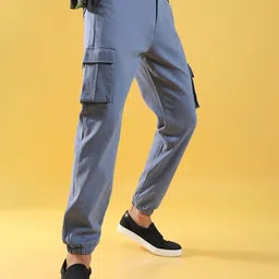 Campus Sutra Mens Blue Relaxed Regular Fit Cotton Joggers Trousers-image-9