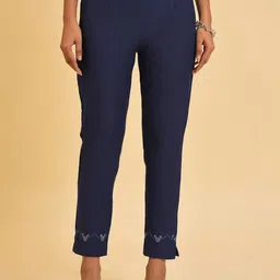 W Women Blue Slim Fit Pure Cotton Cigarette Trousers-55