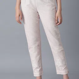 W Women Pink Textured Slim Fit Trousers-picture-57