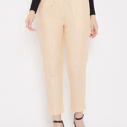 Bitterlime Women Mustard Yellow Striped Smart Trousers-image-2