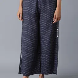 W The Folksong Collection Women Blue Regular Fit Ethnic Motifs Printed Trousers-2