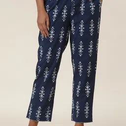 W Blue Women Ethnic Motifs Printed Mid-Rise Cotton Trousers-picture-10