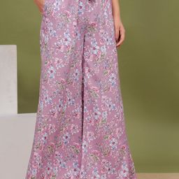 Wakshi Kurti Women Floral Printed Mid-Rise Cotton Wide Leg Trousers-image-85