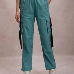 Tokyo Talkies Women Sea Green Regular Fit Cotton Cargos-image-70